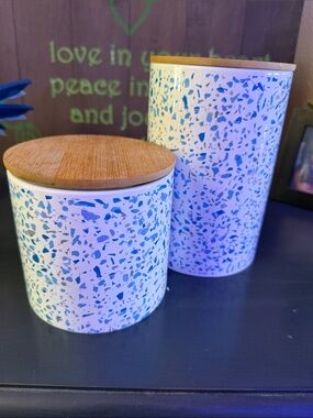 Home Basics Blue Terrazzo Ceramic Canister Set with Bamboo Lids